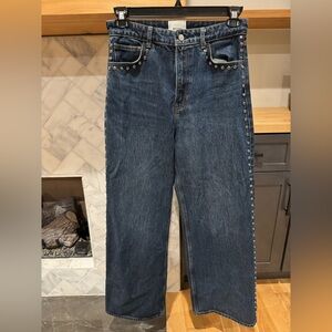 Reformation Dark Blue Wide-Leg Jeans with Stud Trim